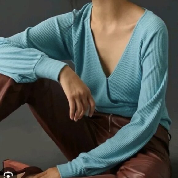 Anthropologie Sweaters - Anthropologie Blue Long Sleeve Faux Wrap Ribbed Sweater Top